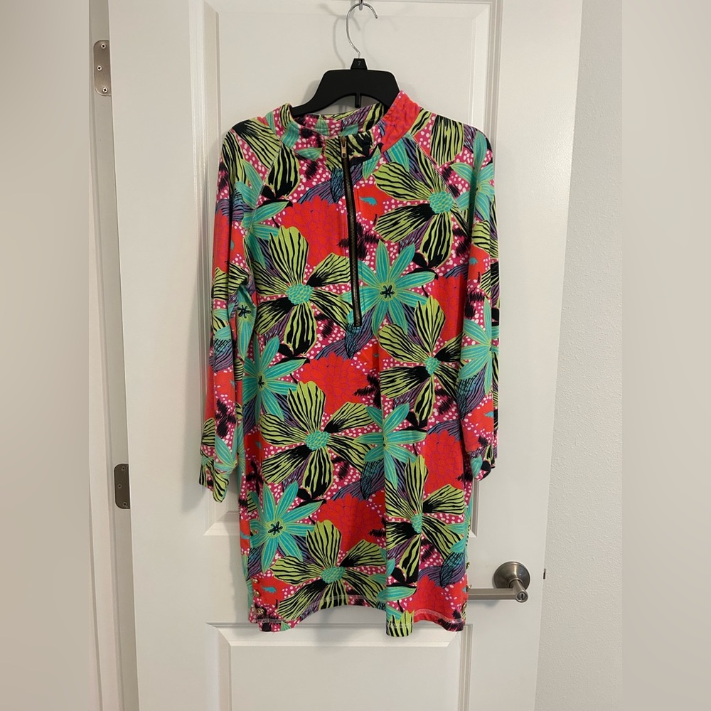 Tracy Negoshian Red and Blue Long Sleeve Resort Dress